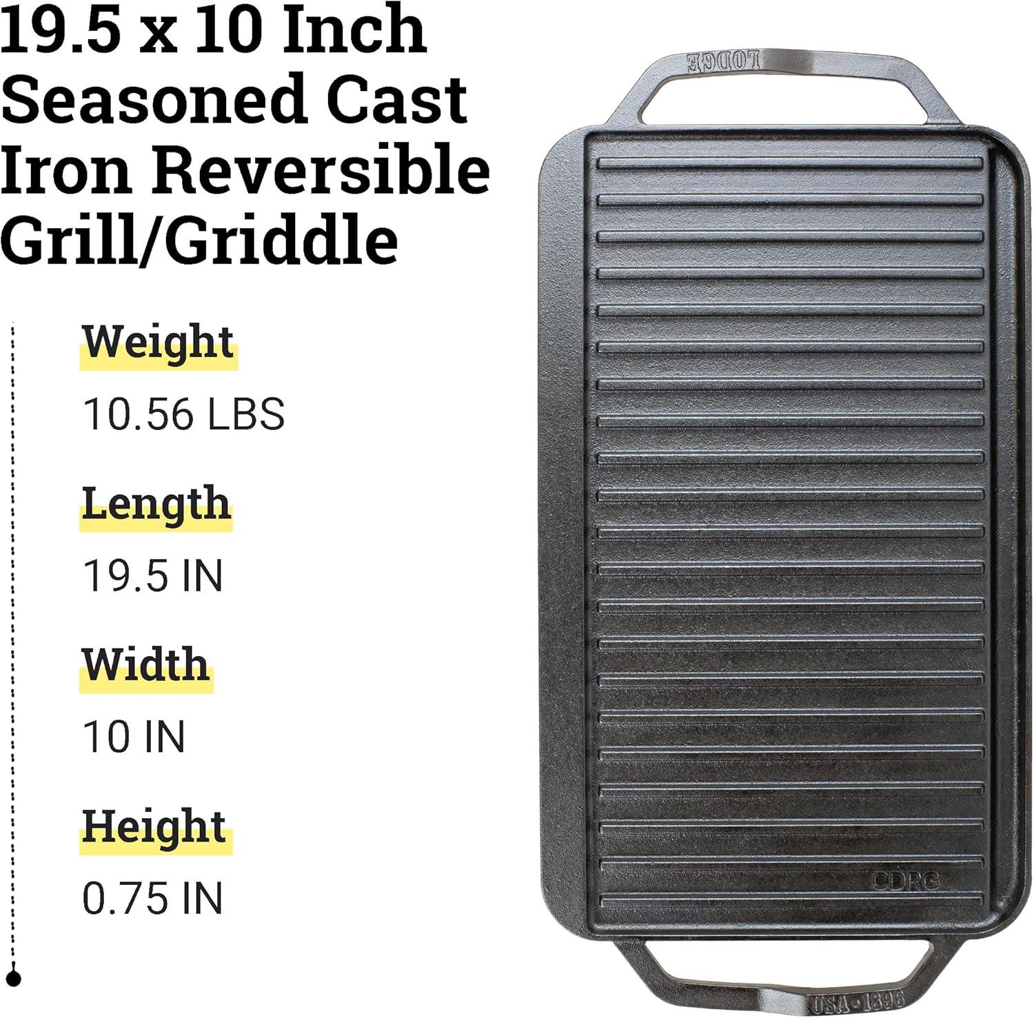 imageLodge 195quot X 10quot Cast Iron Reversible Grillgriddle Double Burner Griddle Indoor ampamp Outdoor Cooking Superior Heat Retention Reversible Grill Griddle Made in the USA