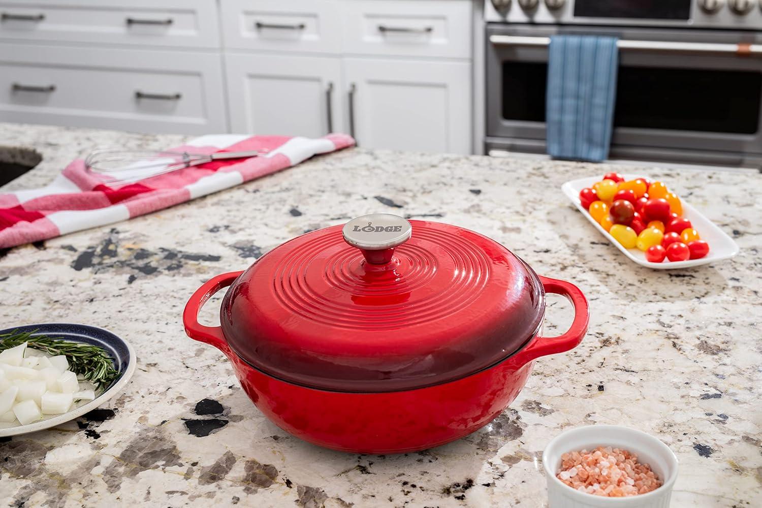 imageLodge 3 Quart Enameled Cast Iron Dutch Oven with Lid Dual Handles Oven Safe up to 500 F or on Stovetop Use to Marinate Cook Bake Refrigerate and Serve Caribbean BlueIsland Spice Red