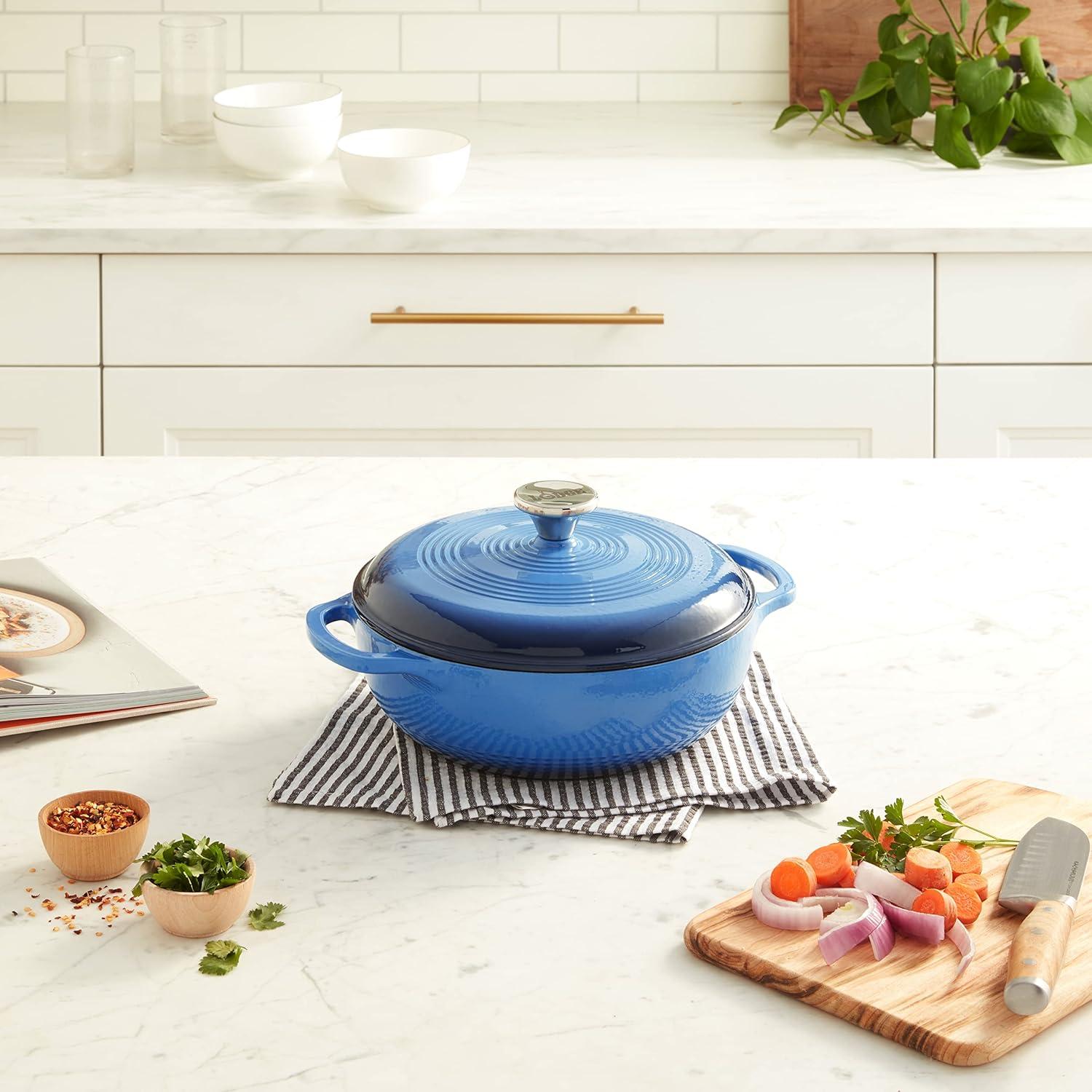 imageLodge 3 Quart Enameled Cast Iron Dutch Oven with Lid Dual Handles Oven Safe up to 500 F or on Stovetop Use to Marinate Cook Bake Refrigerate and Serve Caribbean BlueCaribbean Blue