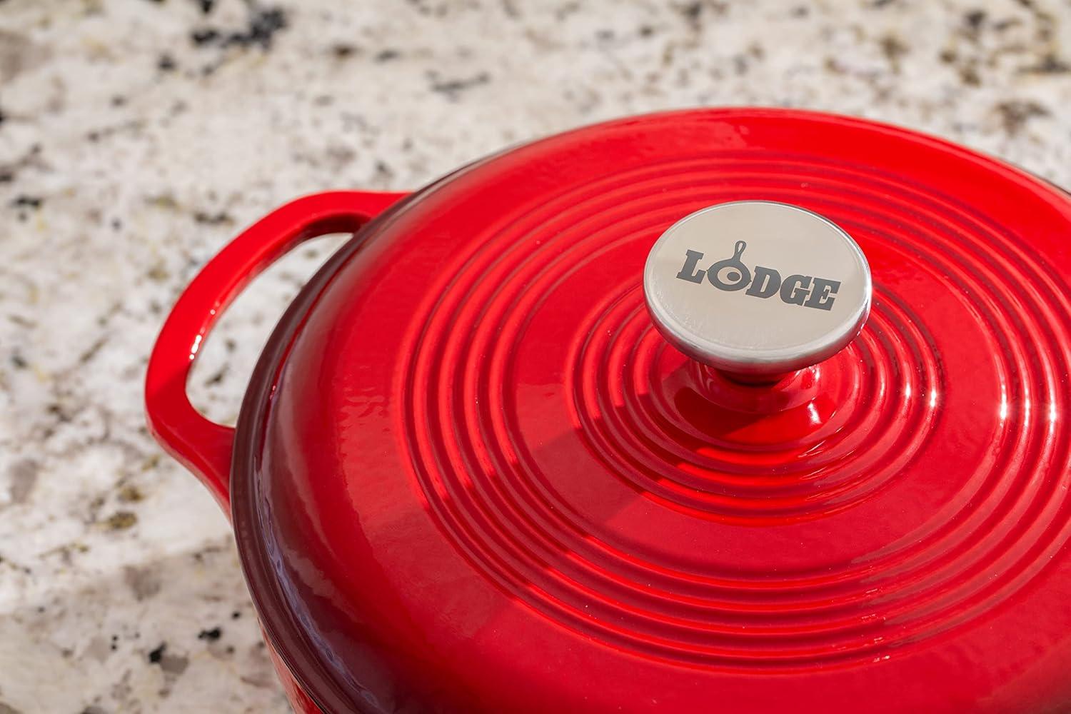 imageLodge 3 Quart Enameled Cast Iron Dutch Oven with Lid Dual Handles Oven Safe up to 500 F or on Stovetop Use to Marinate Cook Bake Refrigerate and Serve Caribbean BlueIsland Spice Red