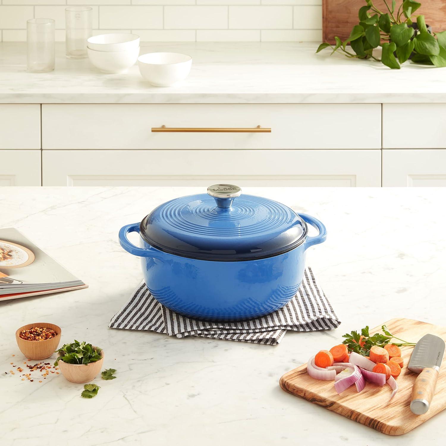imageLodge 45 Quart Enameled Cast Iron Dutch Oven with Lid Dual Handles Oven Safe up to 500 F or on Stovetop Use to Marinate Cook Bake Refrigerate and Serve Island Spice RedCaribbean Blue