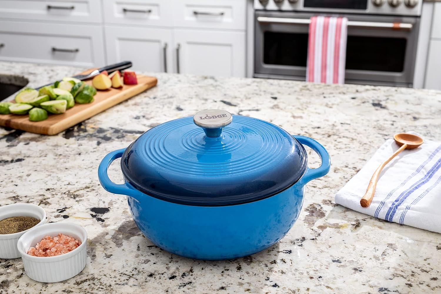 imageLodge 45 Quart Enameled Cast Iron Dutch Oven with Lid Dual Handles Oven Safe up to 500 F or on Stovetop Use to Marinate Cook Bake Refrigerate and Serve Island Spice RedCaribbean Blue