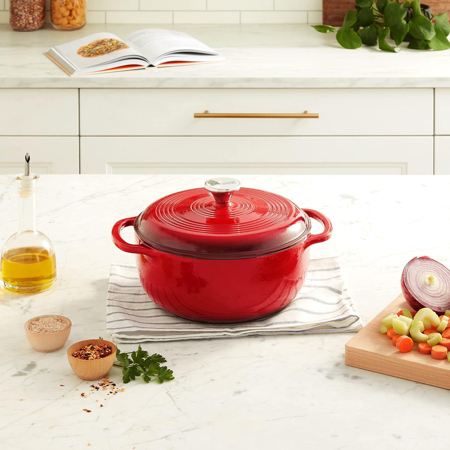 imageLodge 45 Quart Enameled Cast Iron Dutch Oven with Lid Dual Handles Oven Safe up to 500 F or on Stovetop Use to Marinate Cook Bake Refrigerate and Serve Island Spice RedIsland Spice Red