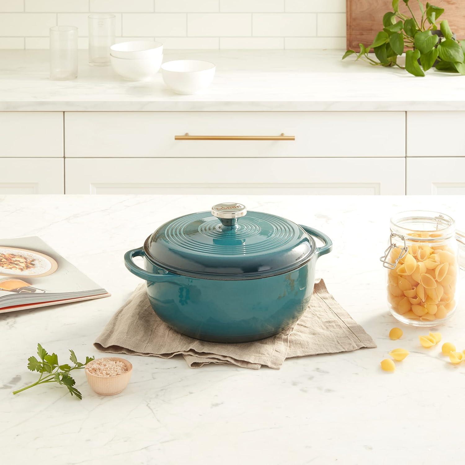 imageLodge 45 Quart Enameled Cast Iron Dutch Oven with Lid Dual Handles Oven Safe up to 500 F or on Stovetop Use to Marinate Cook Bake Refrigerate and Serve Island Spice RedLagoon