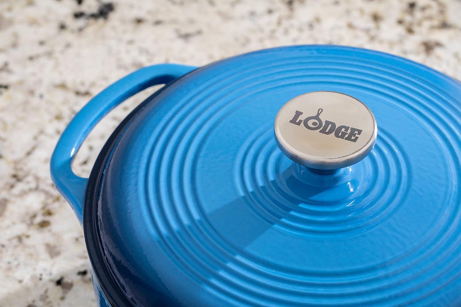 imageLodge 45 Quart Enameled Cast Iron Dutch Oven with Lid Dual Handles Oven Safe up to 500 F or on Stovetop Use to Marinate Cook Bake Refrigerate and Serve Island Spice RedCaribbean Blue