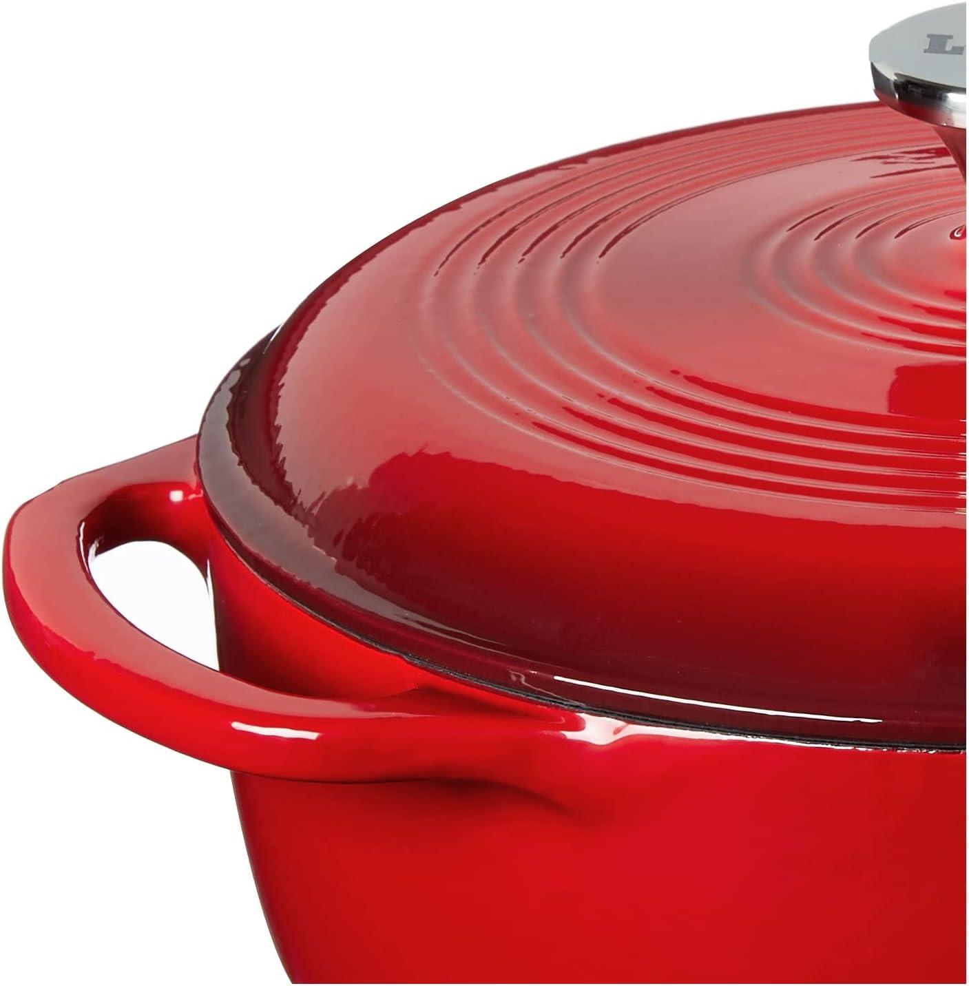 imageLodge 45 Quart Enameled Cast Iron Dutch Oven with Lid Dual Handles Oven Safe up to 500 F or on Stovetop Use to Marinate Cook Bake Refrigerate and Serve Island Spice RedIsland Spice Red