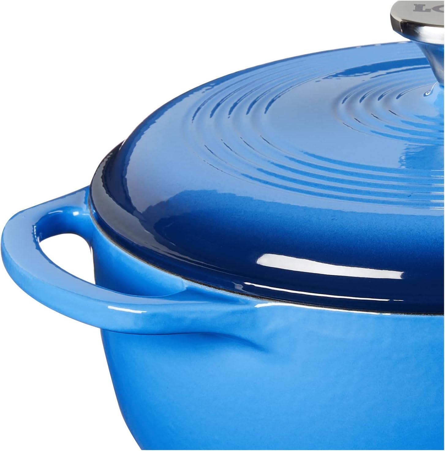 imageLodge 45 Quart Enameled Cast Iron Dutch Oven with Lid Dual Handles Oven Safe up to 500 F or on Stovetop Use to Marinate Cook Bake Refrigerate and Serve Island Spice RedCaribbean Blue