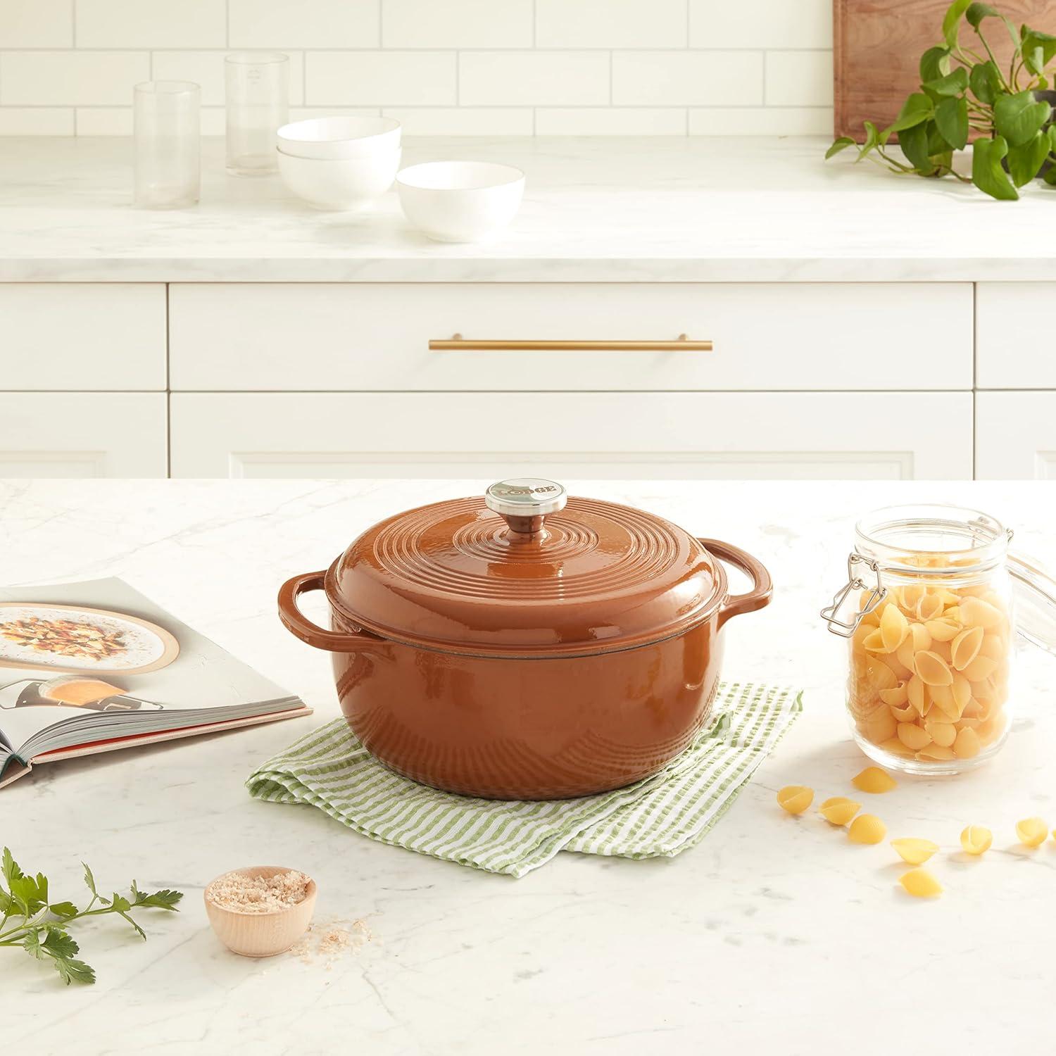 imageLodge 45 Quart Enameled Cast Iron Dutch Oven with Lid Dual Handles Oven Safe up to 500 F or on Stovetop Use to Marinate Cook Bake Refrigerate and Serve Island Spice RedBurnt Sienna