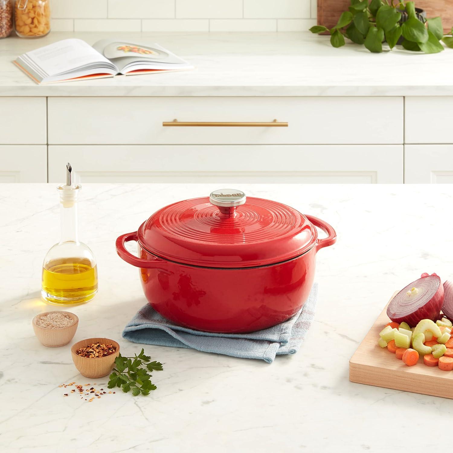 imageLodge 45 Quart Enameled Cast Iron Dutch Oven with Lid Dual Handles Oven Safe up to 500 F or on Stovetop Use to Marinate Cook Bake Refrigerate and Serve Island Spice RedSolid Red