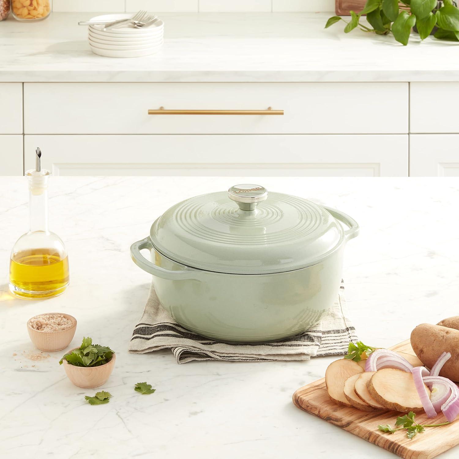 imageLodge 45 Quart Enameled Cast Iron Dutch Oven with Lid Dual Handles Oven Safe up to 500 F or on Stovetop Use to Marinate Cook Bake Refrigerate and Serve Island Spice RedDesert Sage