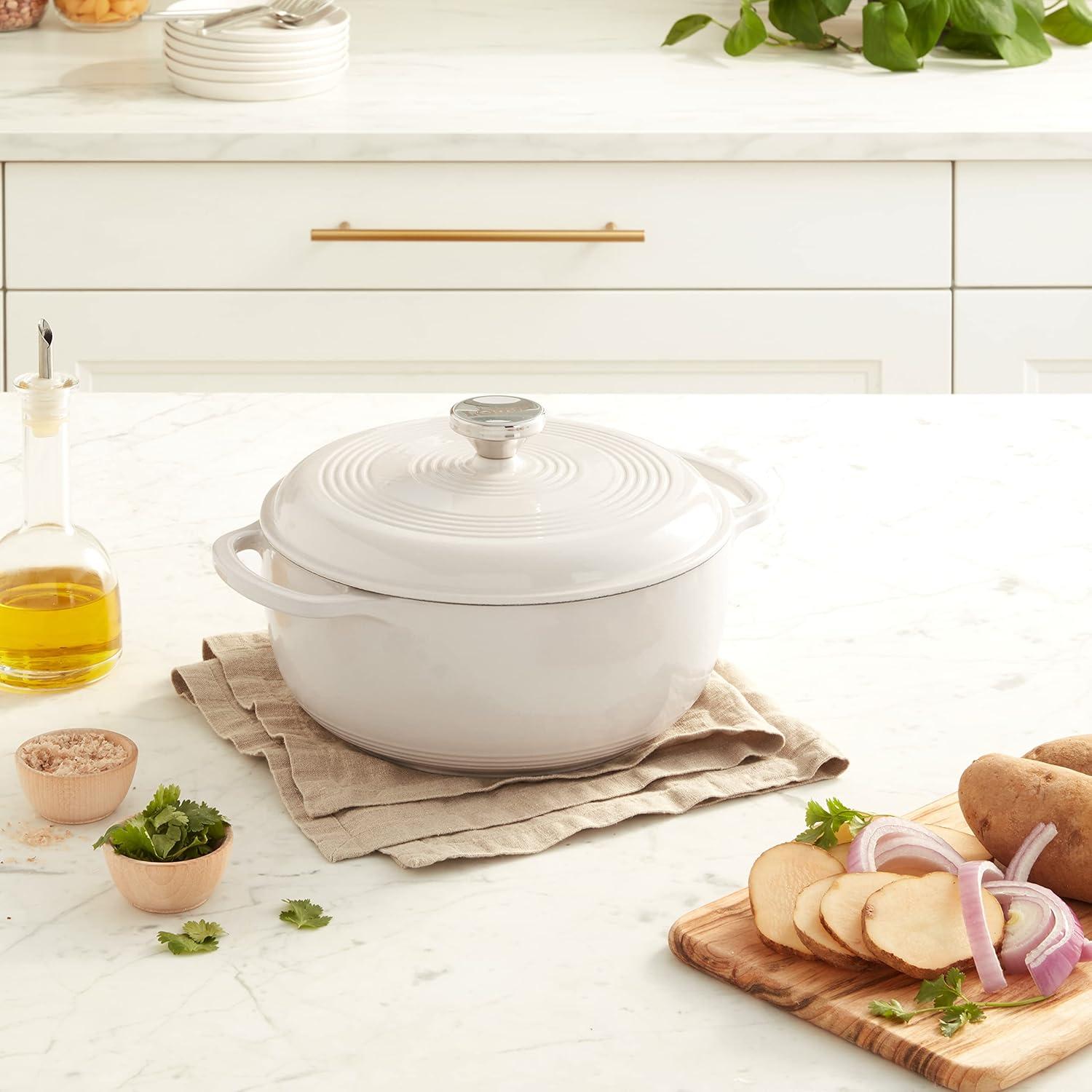 imageLodge 45 Quart Enameled Cast Iron Dutch Oven with Lid Dual Handles Oven Safe up to 500 F or on Stovetop Use to Marinate Cook Bake Refrigerate and Serve Island Spice RedOyster White