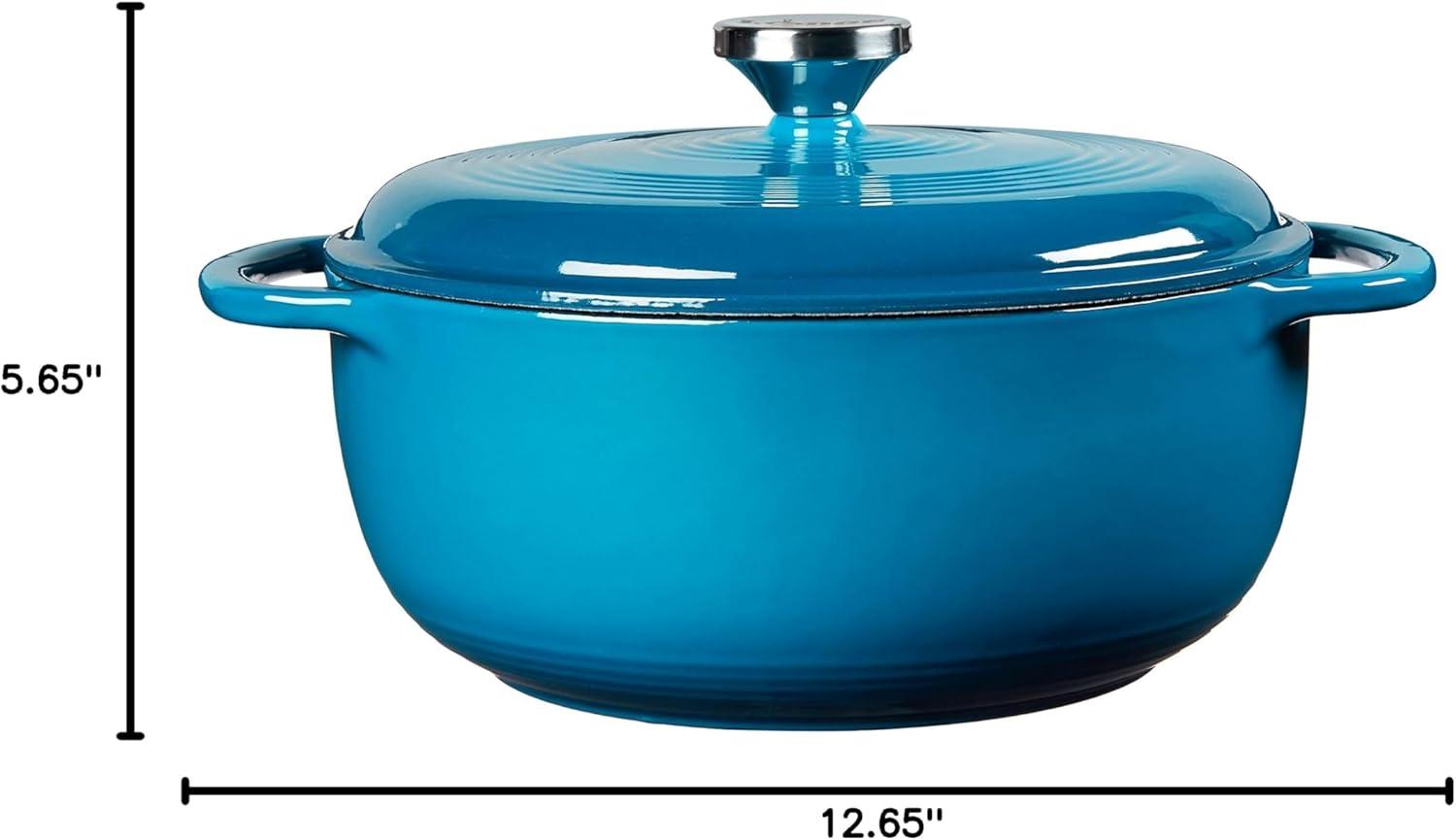 imageLodge 45 Quart Enameled Cast Iron Dutch Oven with Lid Dual Handles Oven Safe up to 500 F or on Stovetop Use to Marinate Cook Bake Refrigerate and Serve Island Spice RedCornflower Blue