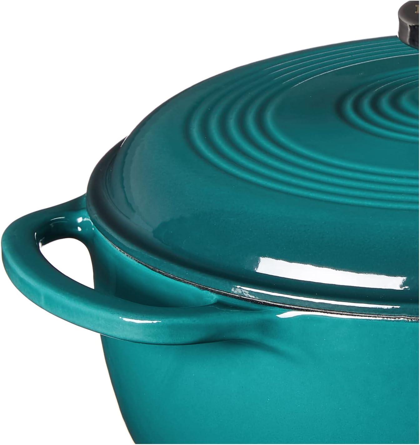 imageLodge 45 Quart Enameled Cast Iron Dutch Oven with Lid Dual Handles Oven Safe up to 500 F or on Stovetop Use to Marinate Cook Bake Refrigerate and Serve Island Spice RedLagoon