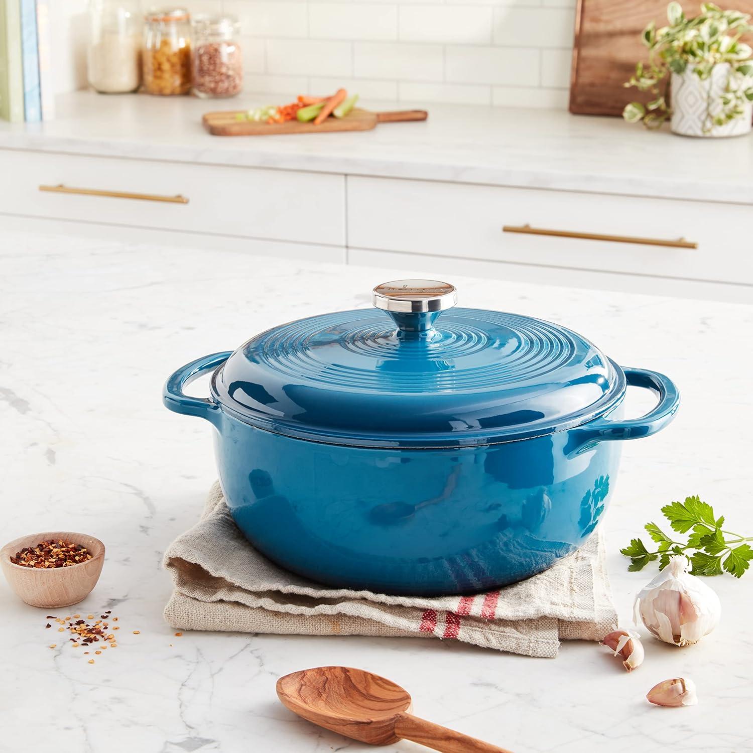 imageLodge 45 Quart Enameled Cast Iron Dutch Oven with Lid Dual Handles Oven Safe up to 500 F or on Stovetop Use to Marinate Cook Bake Refrigerate and Serve Island Spice RedCornflower Blue