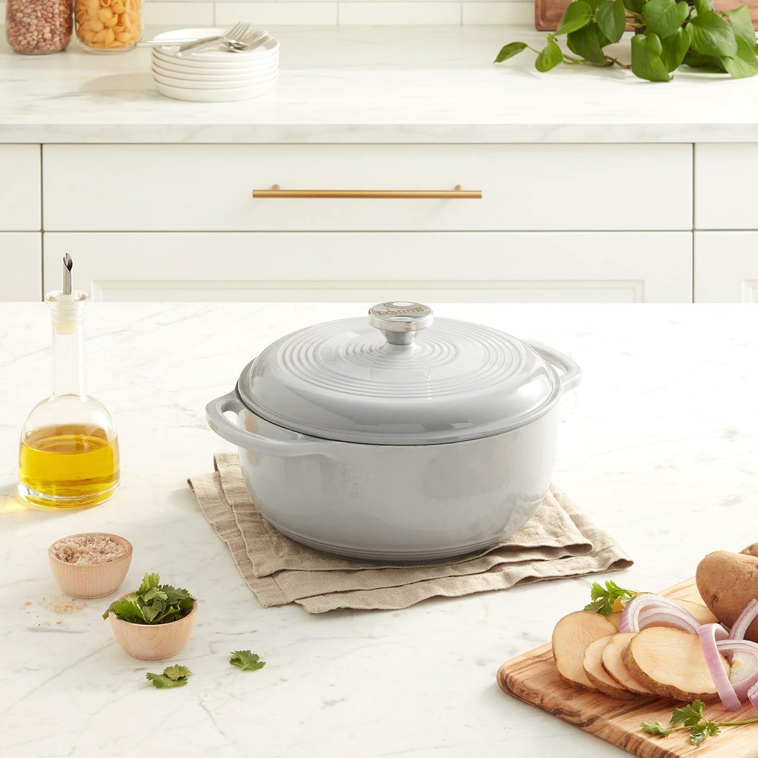 imageLodge 45 Quart Enameled Cast Iron Dutch Oven with Lid Dual Handles Oven Safe up to 500 F or on Stovetop Use to Marinate Cook Bake Refrigerate and Serve Island Spice RedGray