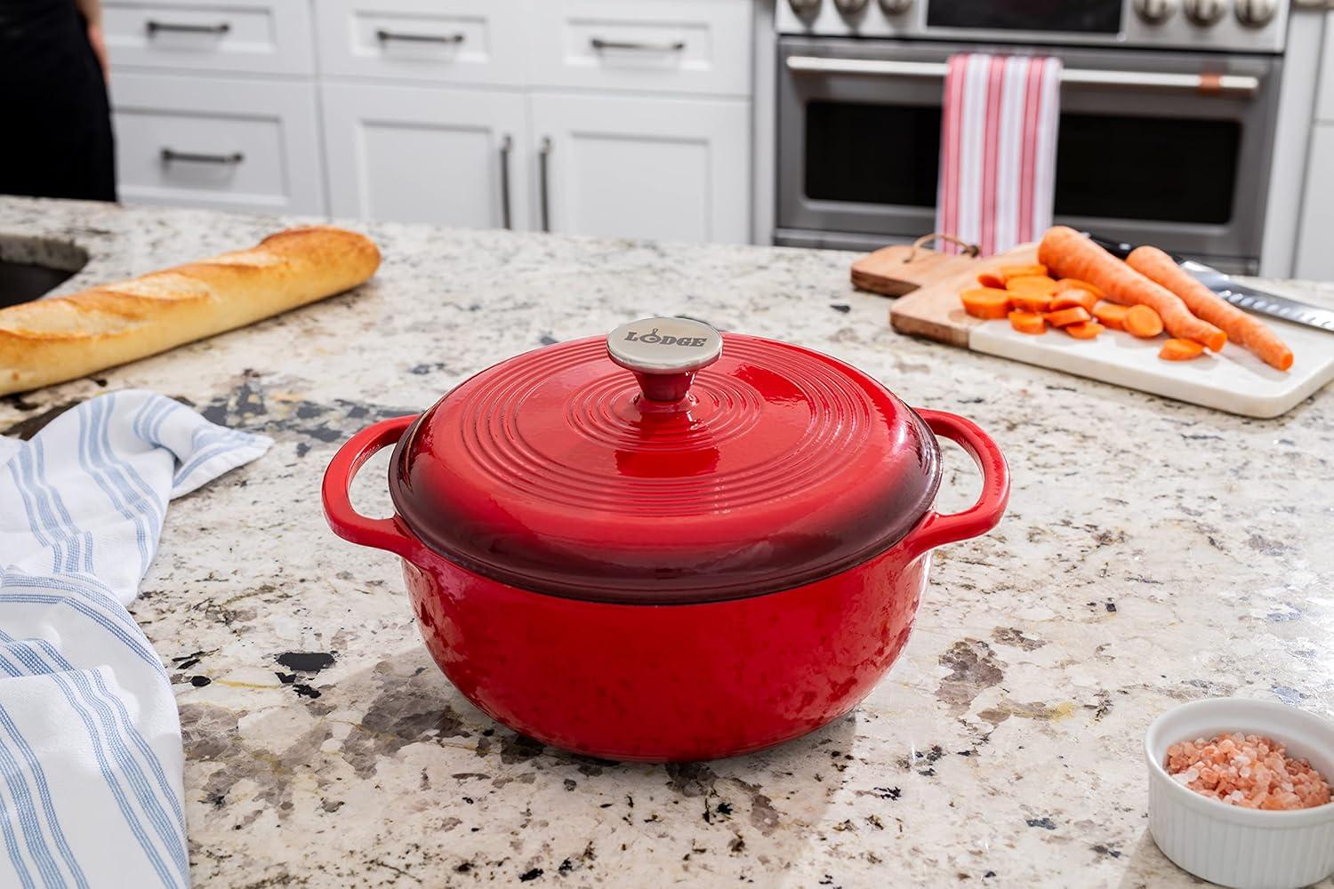 imageLodge 45 Quart Enameled Cast Iron Dutch Oven with Lid Dual Handles Oven Safe up to 500 F or on Stovetop Use to Marinate Cook Bake Refrigerate and Serve Island Spice RedIsland Spice Red
