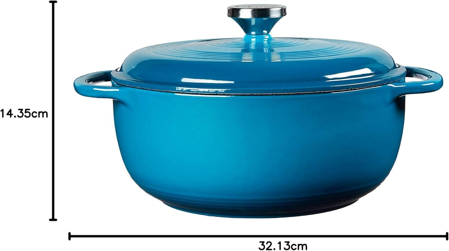 imageLodge 45 Quart Enameled Cast Iron Dutch Oven with Lid Dual Handles Oven Safe up to 500 F or on Stovetop Use to Marinate Cook Bake Refrigerate and Serve Island Spice RedCornflower Blue