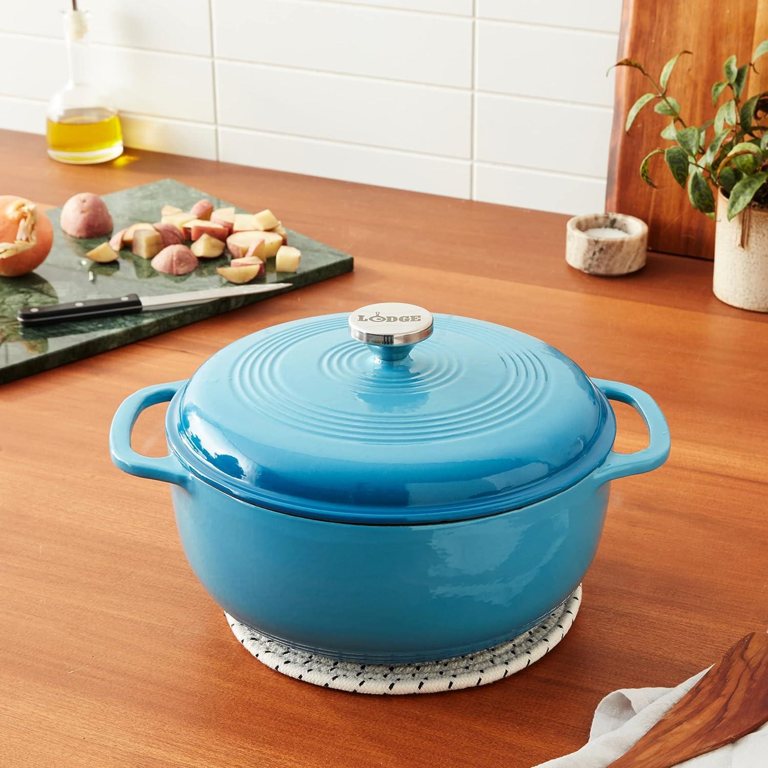 imageLodge 6 Quart Enameled Cast Iron Dutch Oven with Lid Dual Handles Oven Safe up to 500 F or on Stovetop Use to Marinate Cook Bake Refrigerate and Serve Desert SageCornflower Blue