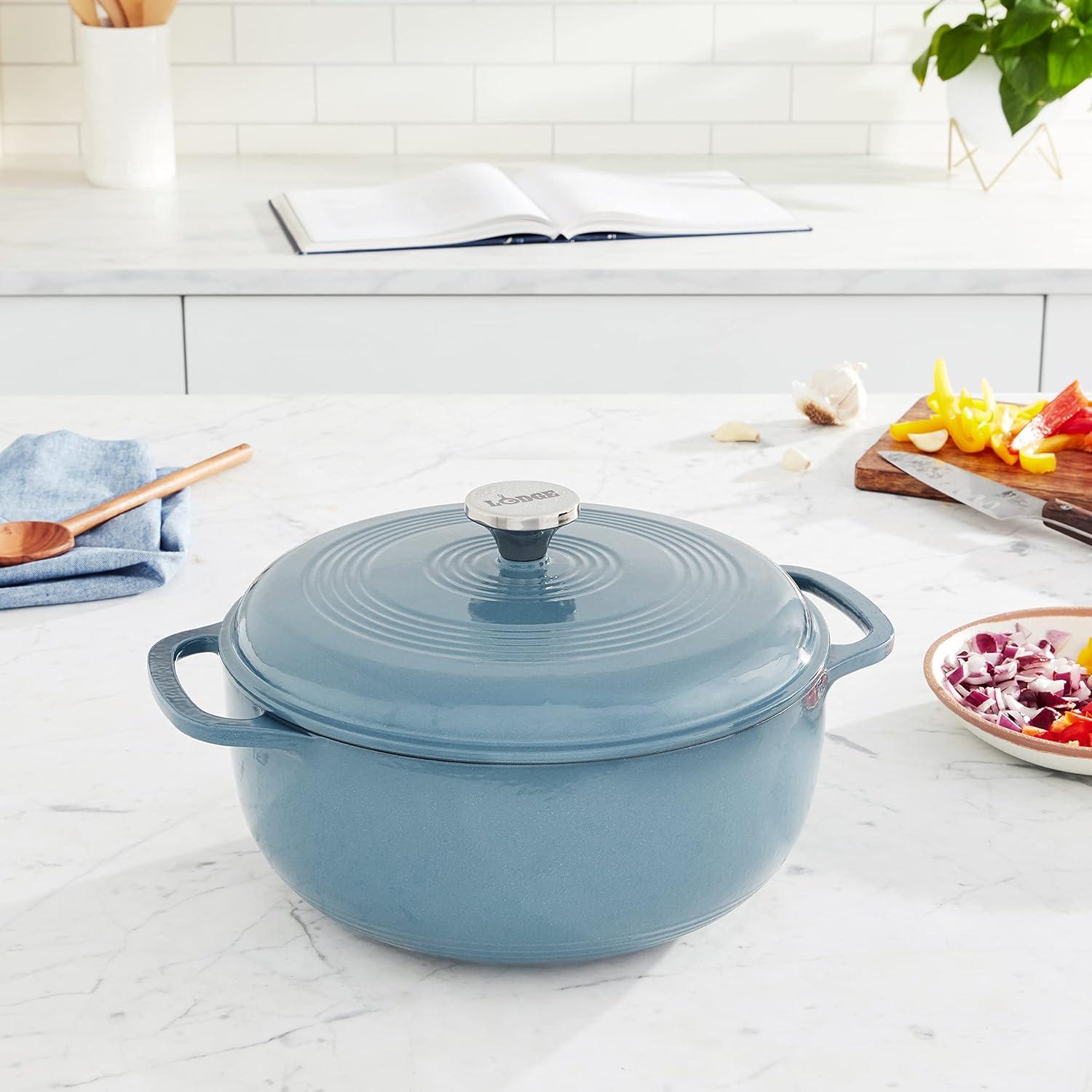 imageLodge 6 Quart Enameled Cast Iron Dutch Oven with Lid Dual Handles Oven Safe up to 500 F or on Stovetop Use to Marinate Cook Bake Refrigerate and Serve Desert SageStorm Blue