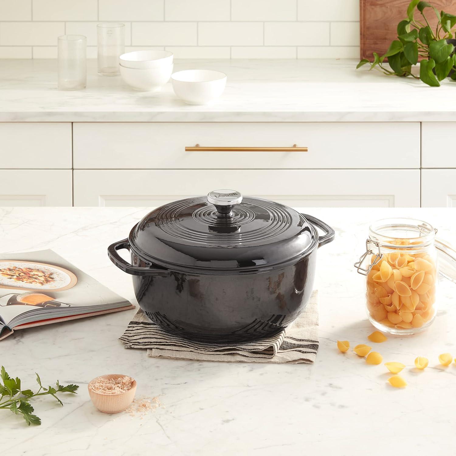 imageLodge 6 Quart Enameled Cast Iron Dutch Oven with Lid Dual Handles Oven Safe up to 500 F or on Stovetop Use to Marinate Cook Bake Refrigerate and Serve Desert SageMidnight Chrome