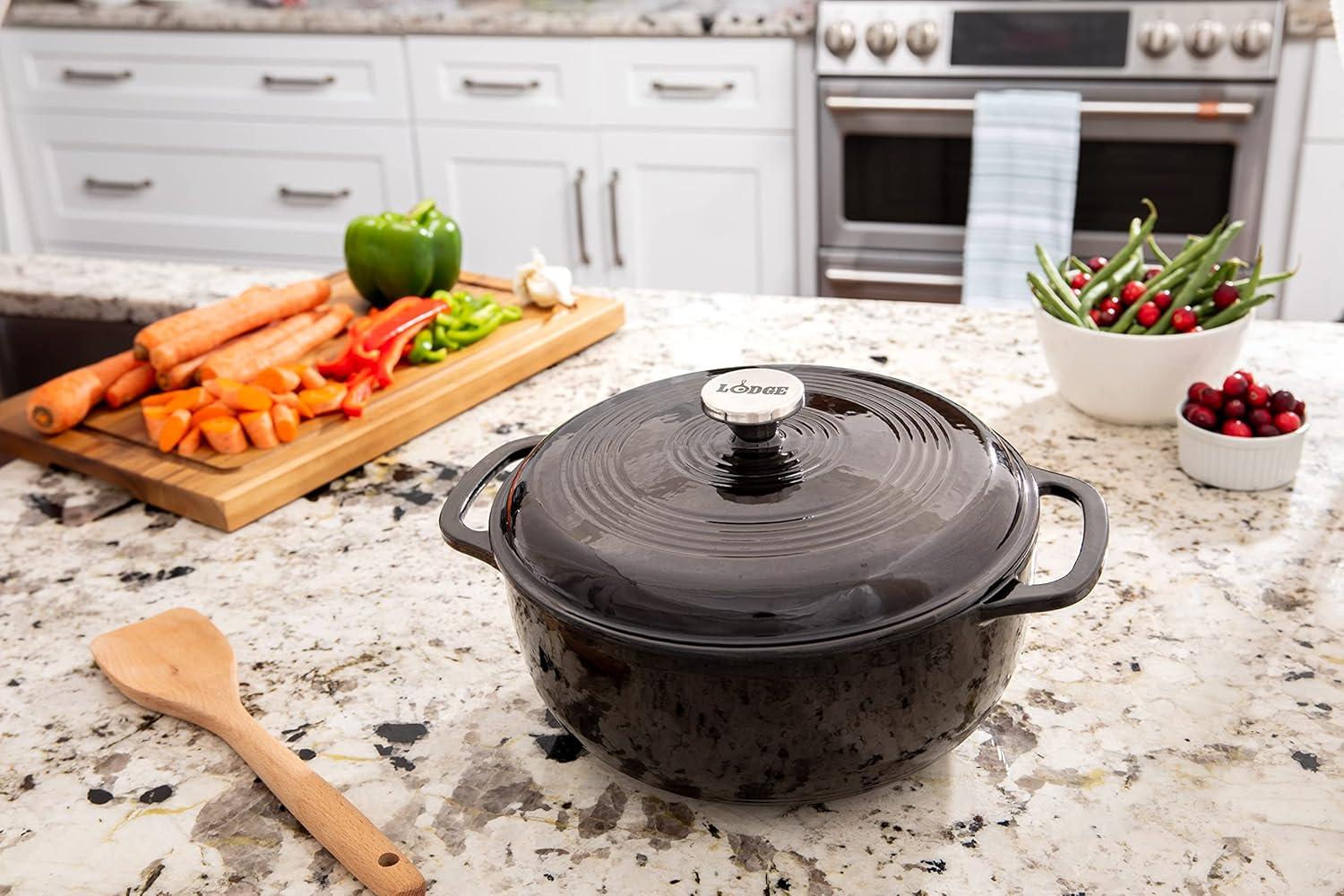 imageLodge 6 Quart Enameled Cast Iron Dutch Oven with Lid Dual Handles Oven Safe up to 500 F or on Stovetop Use to Marinate Cook Bake Refrigerate and Serve Desert SageMidnight Chrome