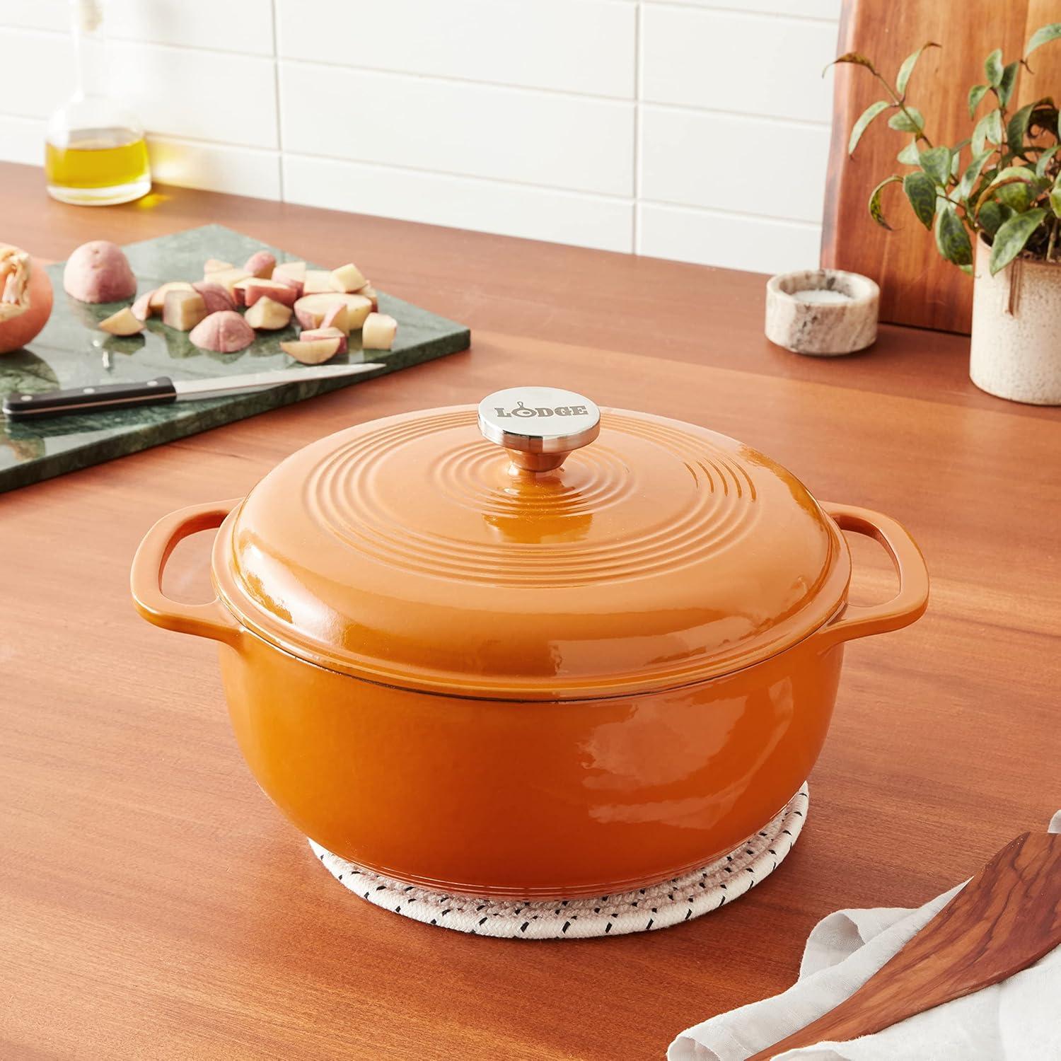 imageLodge 6 Quart Enameled Cast Iron Dutch Oven with Lid Dual Handles Oven Safe up to 500 F or on Stovetop Use to Marinate Cook Bake Refrigerate and Serve Desert SageApricot