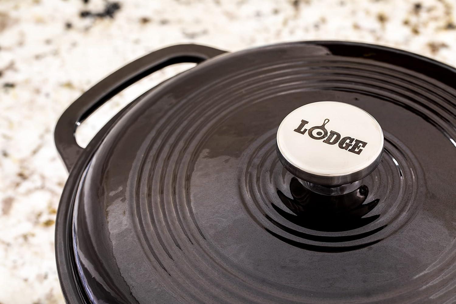 imageLodge 6 Quart Enameled Cast Iron Dutch Oven with Lid Dual Handles Oven Safe up to 500 F or on Stovetop Use to Marinate Cook Bake Refrigerate and Serve Desert SageMidnight Chrome