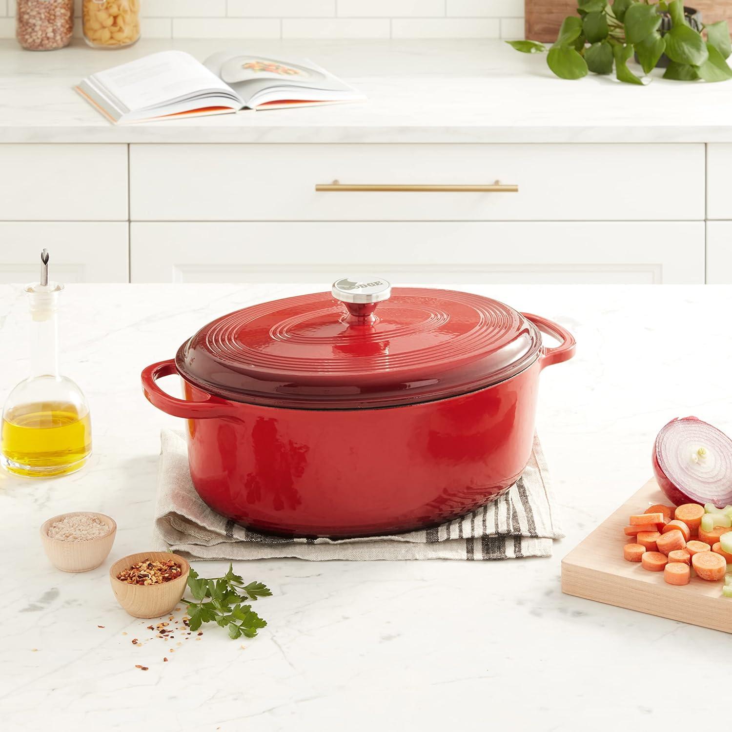 imageLodge 7 Quart Enameled Cast Iron Oval Dutch Oven with Lid Dual Handles Oven Safe up to 500 F or on Stovetop Use to Marinate Cook Bake Refrigerate and Serve Oyster WhiteRed