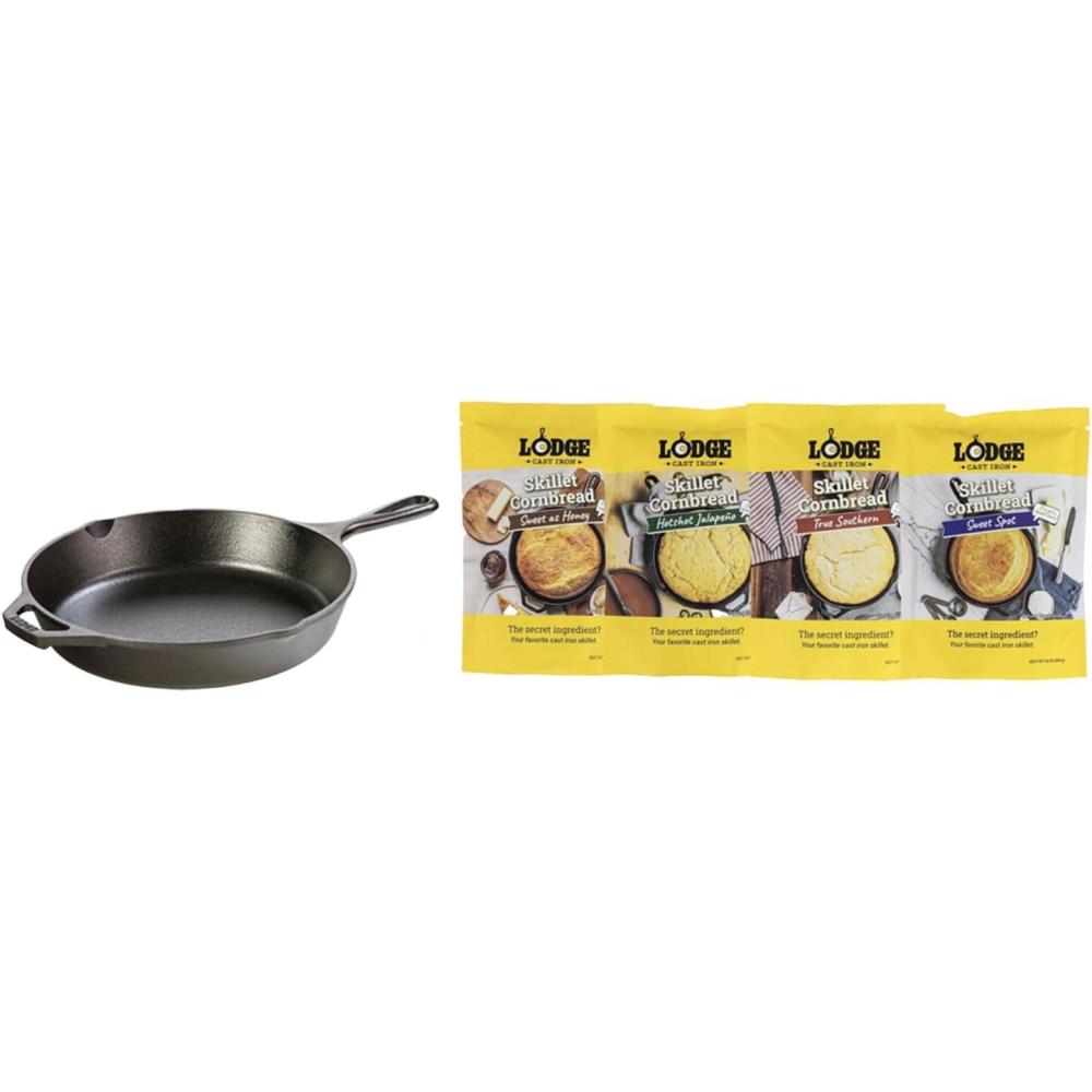imageBundle of Lodge 1025 Inch Cast Iron PreSeasoned Skillet Lodge Cast Iron Skillet Cornbread 4 Pack Variety Pack
