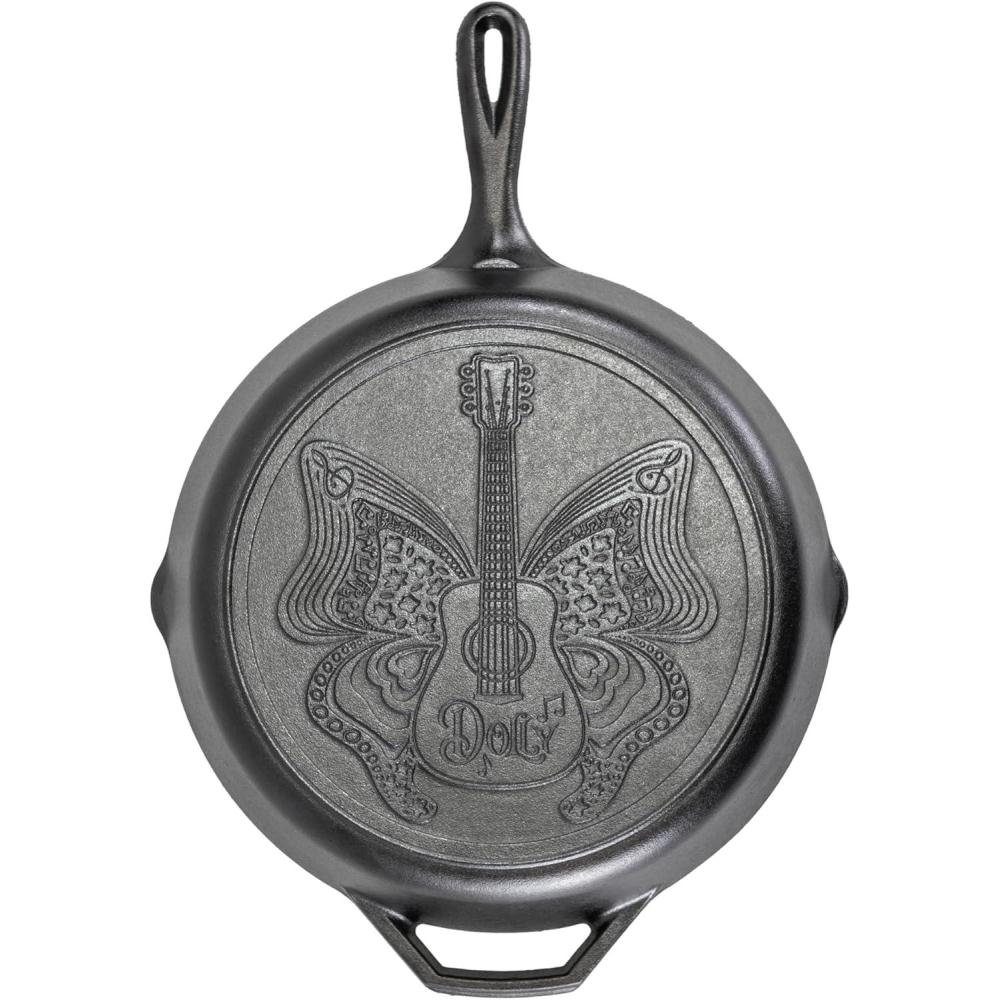imageLodge 12 Inch Dolly Parton PreSeasoned Cast Iron Stamped Skillet  Signature Teardrop Handle  Use in the Oven on the Stove on the Grill or Over a Campfire Black