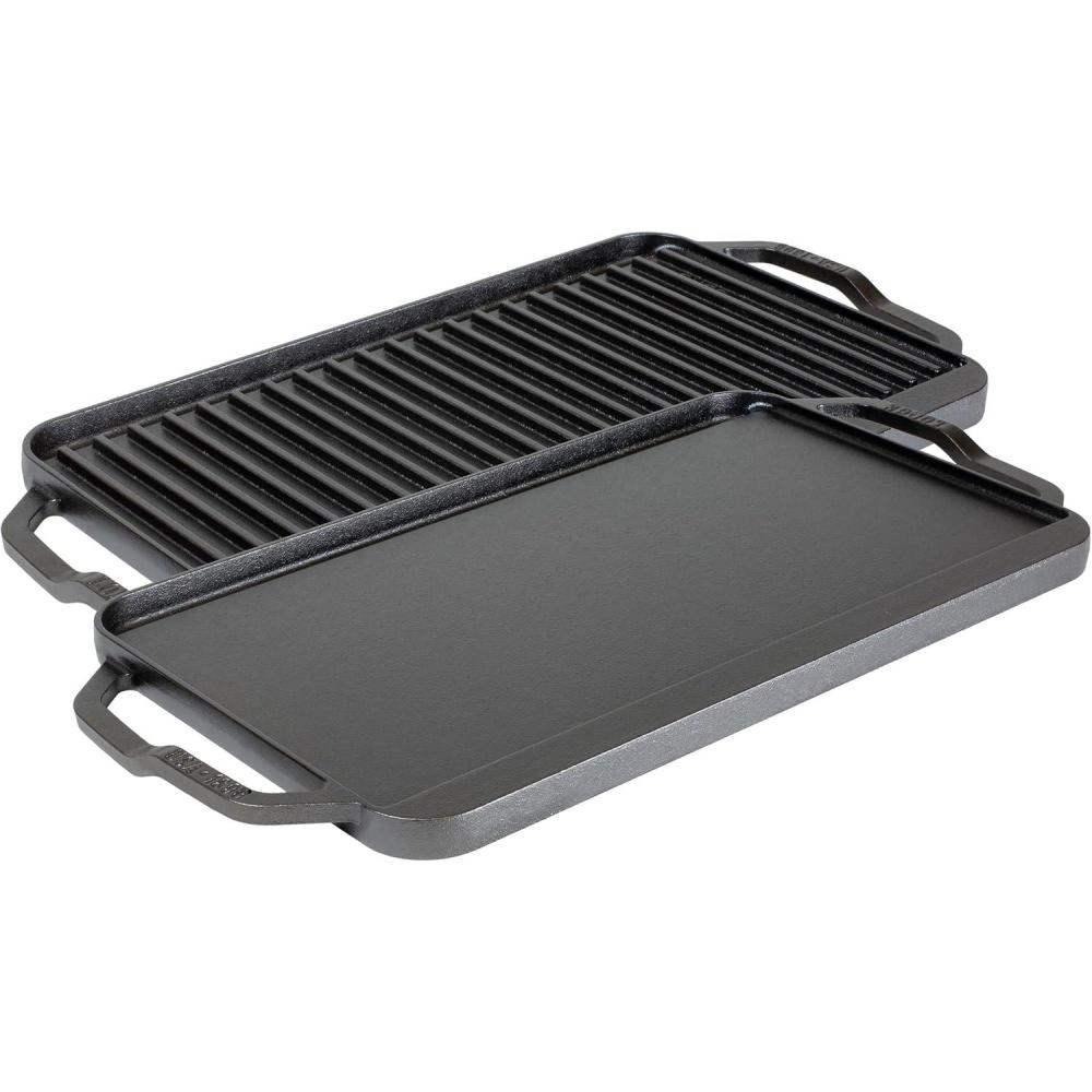 imageLodge 195quot X 10quot Cast Iron Reversible Grillgriddle  Double Burner Griddle  Indoor ampamp Outdoor Cooking  Superior Heat Retention  Reversible Grill Griddle  Made in the USA