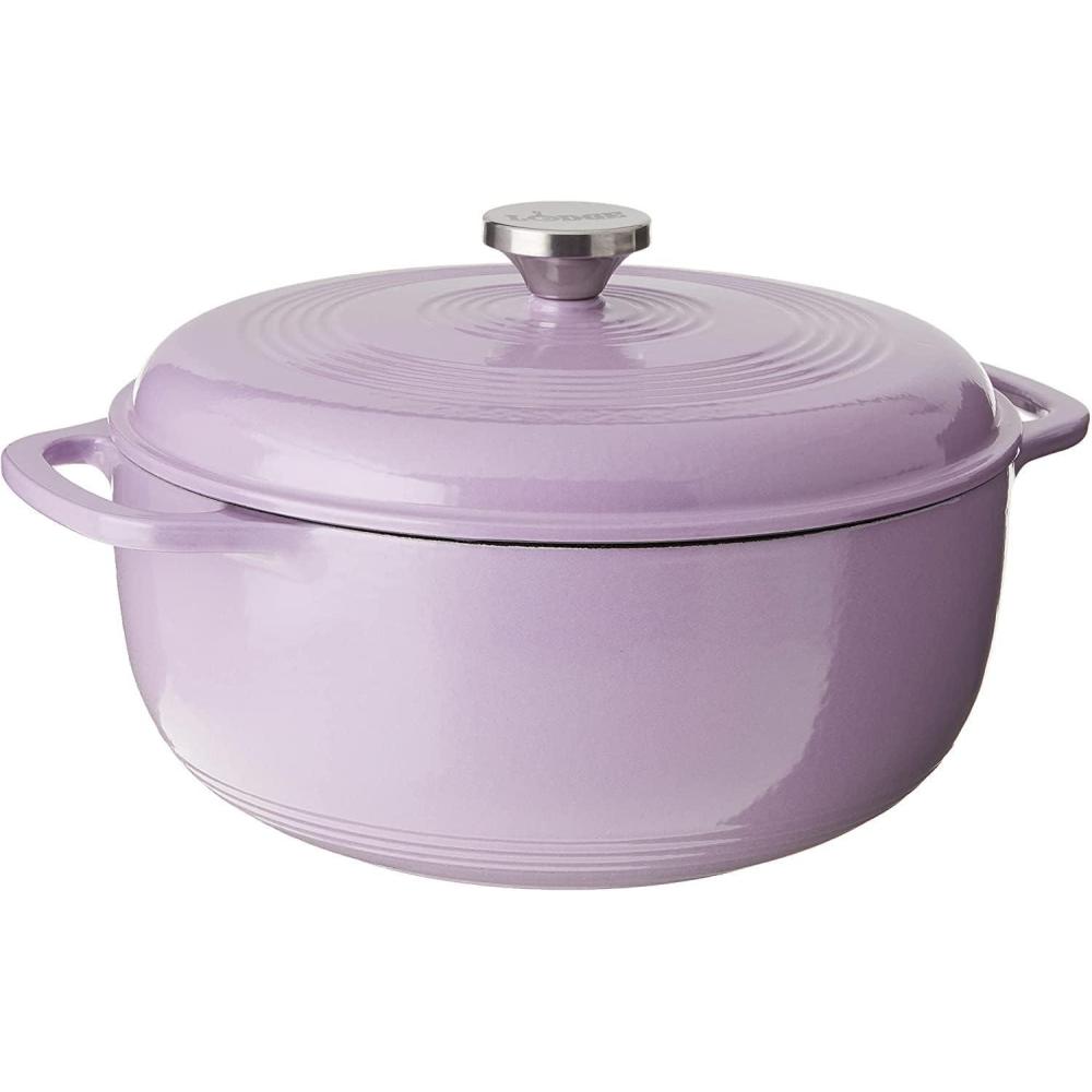 imageLodge 3 Quart Enameled Cast Iron Dutch Oven with Lid Dual Handles Oven Safe up to 500 F or on Stovetop Use to Marinate Cook Bake Refrigerate and Serve Caribbean BlueLilac