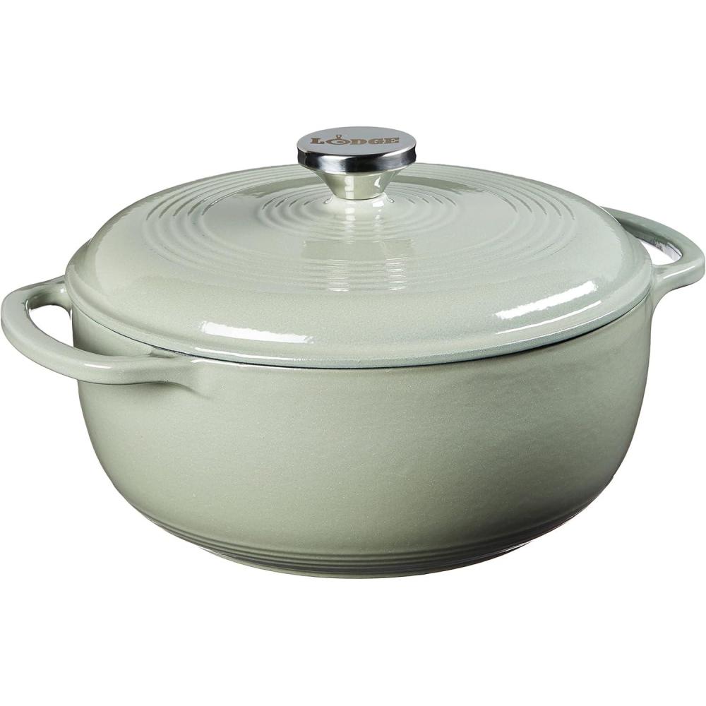 imageLodge 45 Quart Enameled Cast Iron Dutch Oven with Lid Dual Handles Oven Safe up to 500 F or on Stovetop Use to Marinate Cook Bake Refrigerate and Serve Island Spice RedDesert Sage