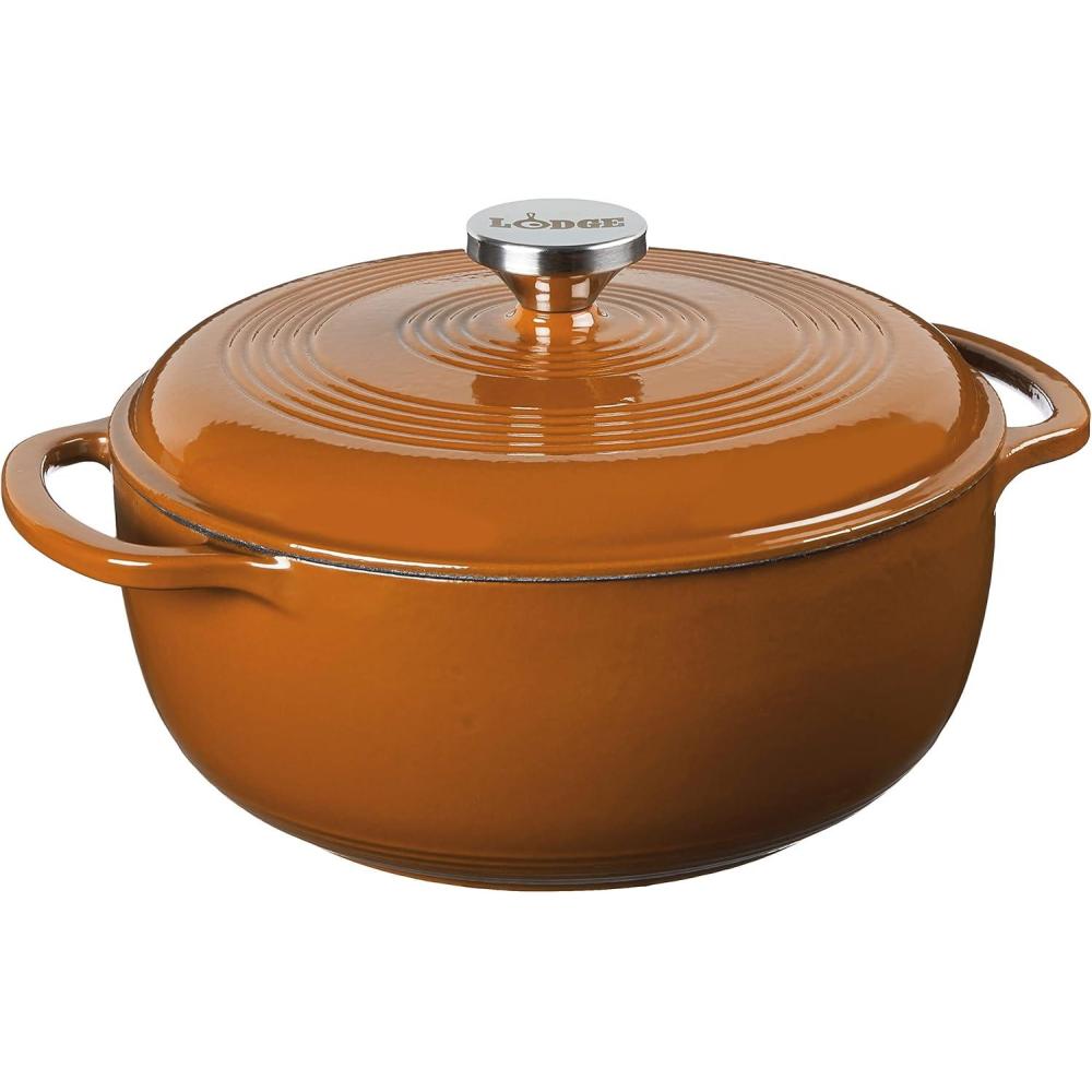 imageLodge 45 Quart Enameled Cast Iron Dutch Oven with Lid Dual Handles Oven Safe up to 500 F or on Stovetop Use to Marinate Cook Bake Refrigerate and Serve Island Spice RedBurnt Sienna
