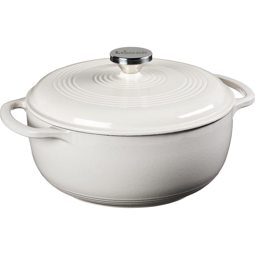imageLodge 45 Quart Enameled Cast Iron Dutch Oven with Lid Dual Handles Oven Safe up to 500 F or on Stovetop Use to Marinate Cook Bake Refrigerate and Serve Island Spice RedOyster White