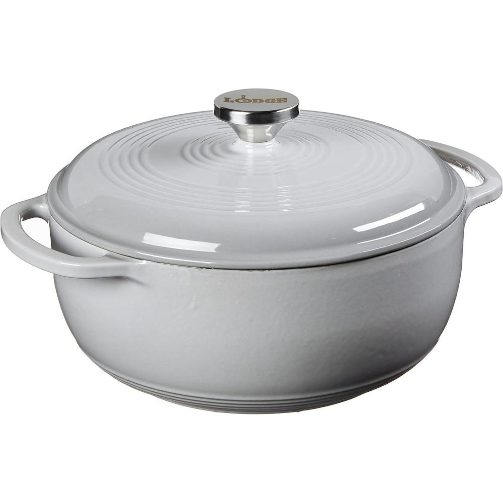 imageLodge 45 Quart Enameled Cast Iron Dutch Oven with Lid Dual Handles Oven Safe up to 500 F or on Stovetop Use to Marinate Cook Bake Refrigerate and Serve Island Spice RedGray
