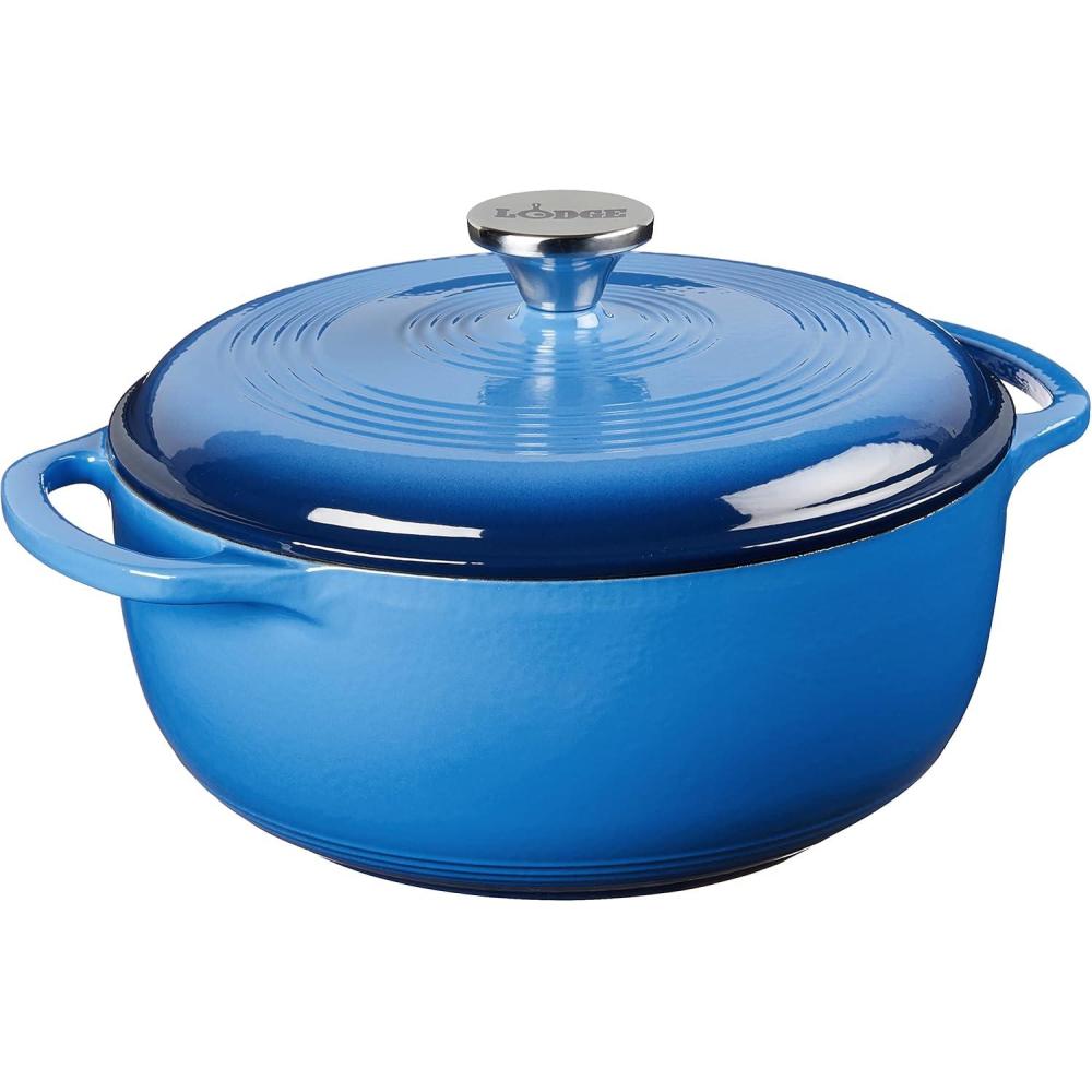imageLodge 45 Quart Enameled Cast Iron Dutch Oven with Lid Dual Handles Oven Safe up to 500 F or on Stovetop Use to Marinate Cook Bake Refrigerate and Serve Island Spice RedCaribbean Blue