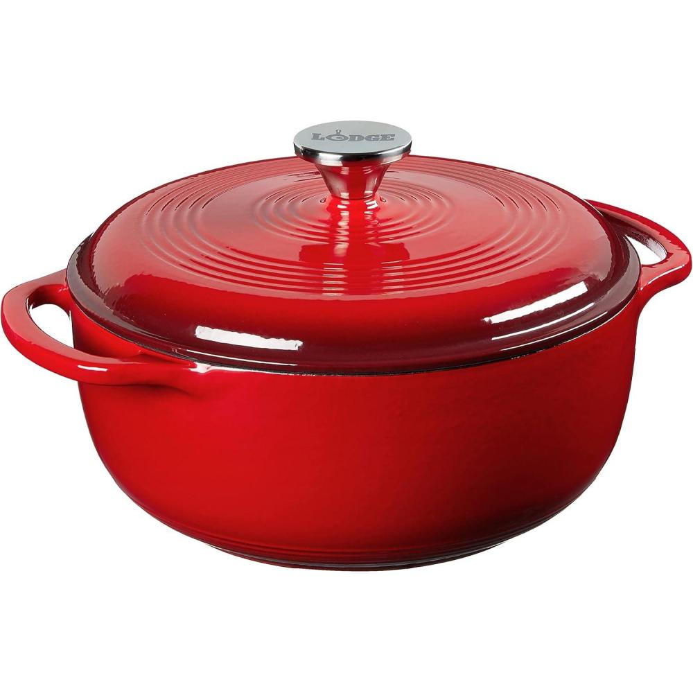 imageLodge 45 Quart Enameled Cast Iron Dutch Oven with Lid Dual Handles Oven Safe up to 500 F or on Stovetop Use to Marinate Cook Bake Refrigerate and Serve Island Spice RedIsland Spice Red