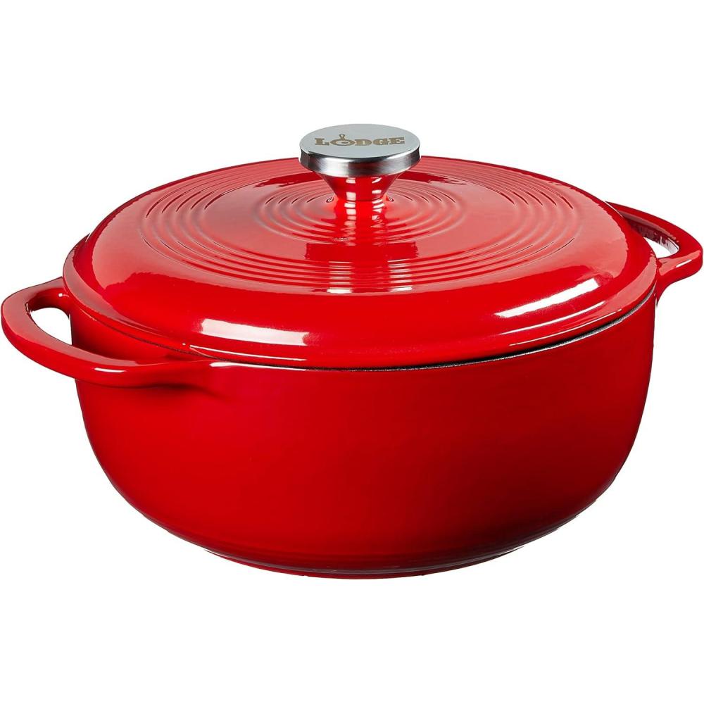 imageLodge 45 Quart Enameled Cast Iron Dutch Oven with Lid Dual Handles Oven Safe up to 500 F or on Stovetop Use to Marinate Cook Bake Refrigerate and Serve Island Spice RedSolid Red