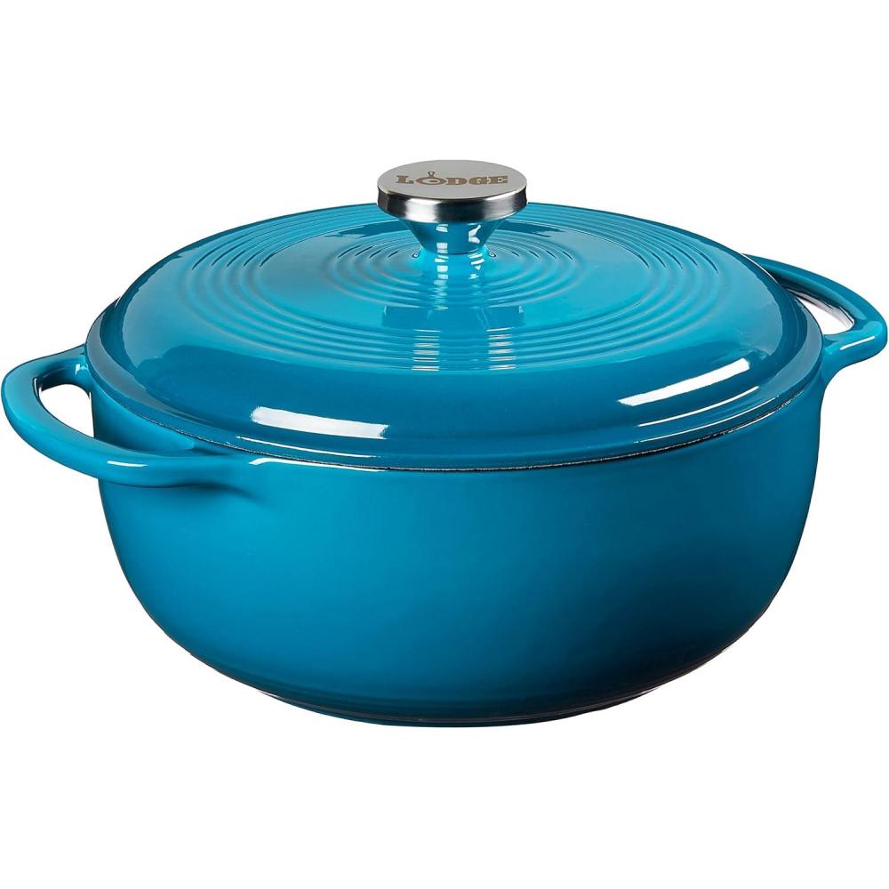 imageLodge 45 Quart Enameled Cast Iron Dutch Oven with Lid Dual Handles Oven Safe up to 500 F or on Stovetop Use to Marinate Cook Bake Refrigerate and Serve Island Spice RedCornflower Blue
