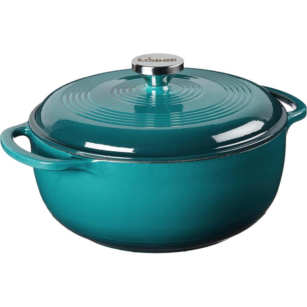 imageLodge 45 Quart Enameled Cast Iron Dutch Oven with Lid Dual Handles Oven Safe up to 500 F or on Stovetop Use to Marinate Cook Bake Refrigerate and Serve Island Spice RedLagoon