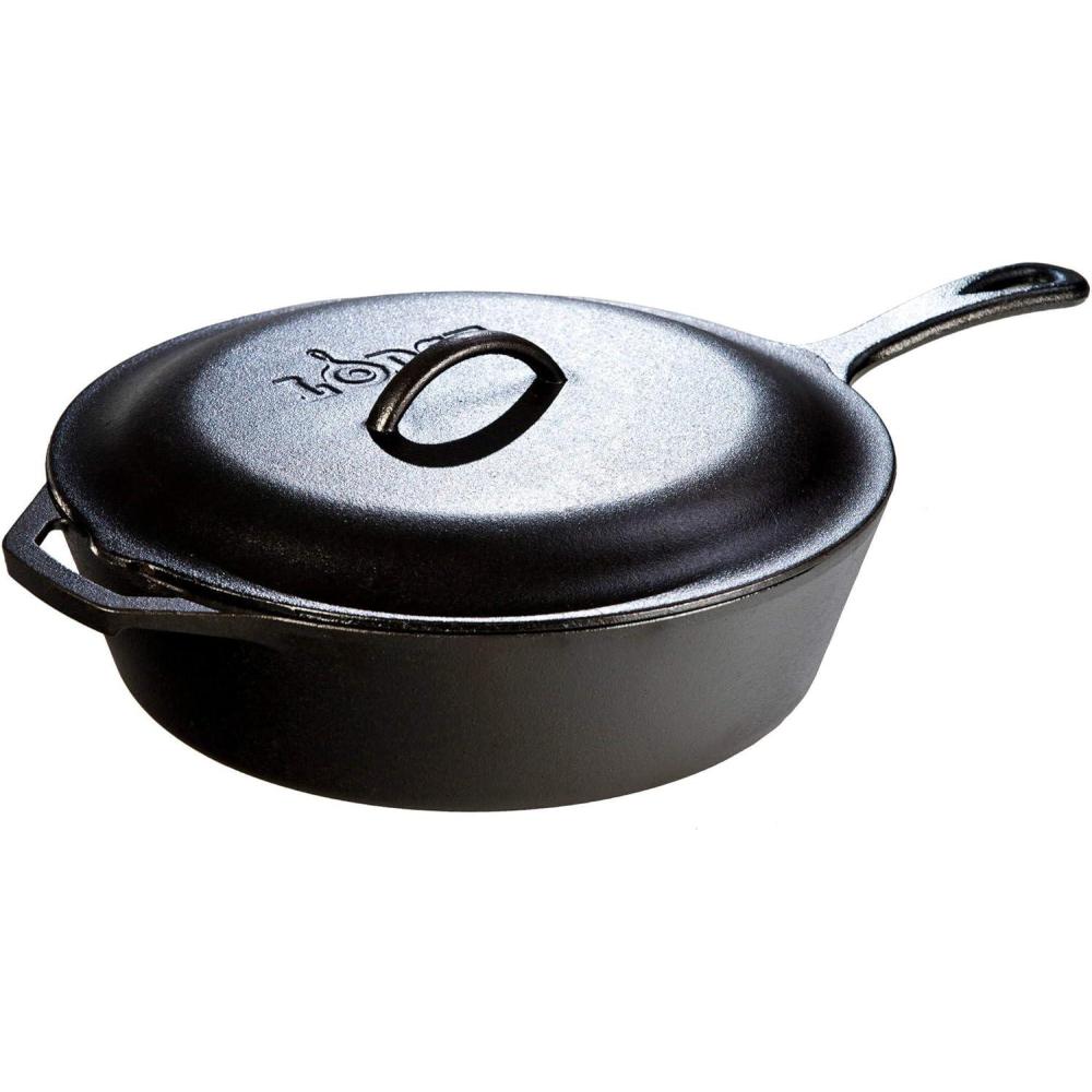 imageLodge 5 Quart PreSeasoned Cast Iron Deep Skillet with Lid  Signature Teardrop Handle ampamp Assist Handle  Use in the Oven on the Stove or Grill or Over a Campfire  Use to Sear Saut Bake Broil Braise Fry or Grill  Black