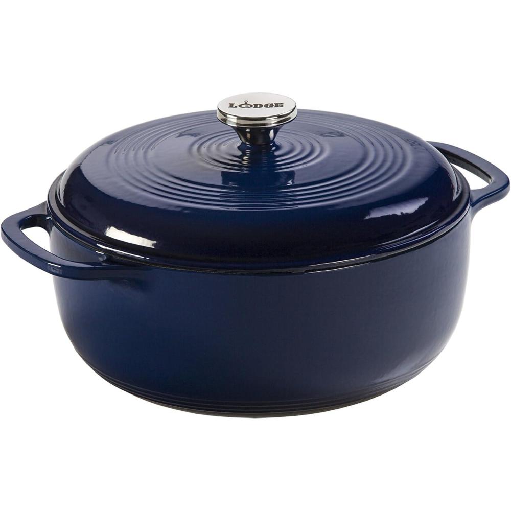 imageLodge 6 Quart Enameled Cast Iron Dutch Oven with Lid Dual Handles Oven Safe up to 500 F or on Stovetop Use to Marinate Cook Bake Refrigerate and Serve Desert SageIndigo