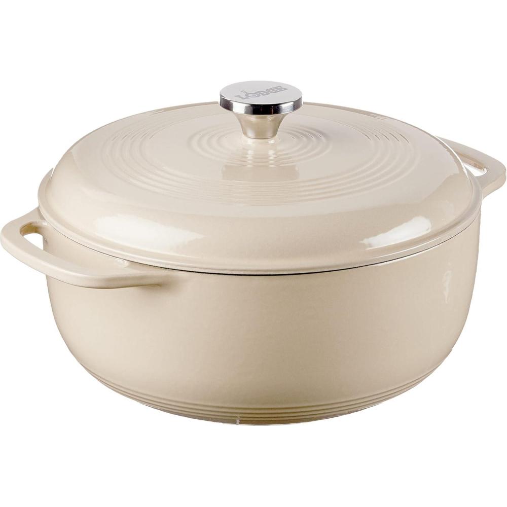 imageLodge 6 Quart Enameled Cast Iron Dutch Oven with Lid Dual Handles Oven Safe up to 500 F or on Stovetop Use to Marinate Cook Bake Refrigerate and Serve Desert SageSandalwood