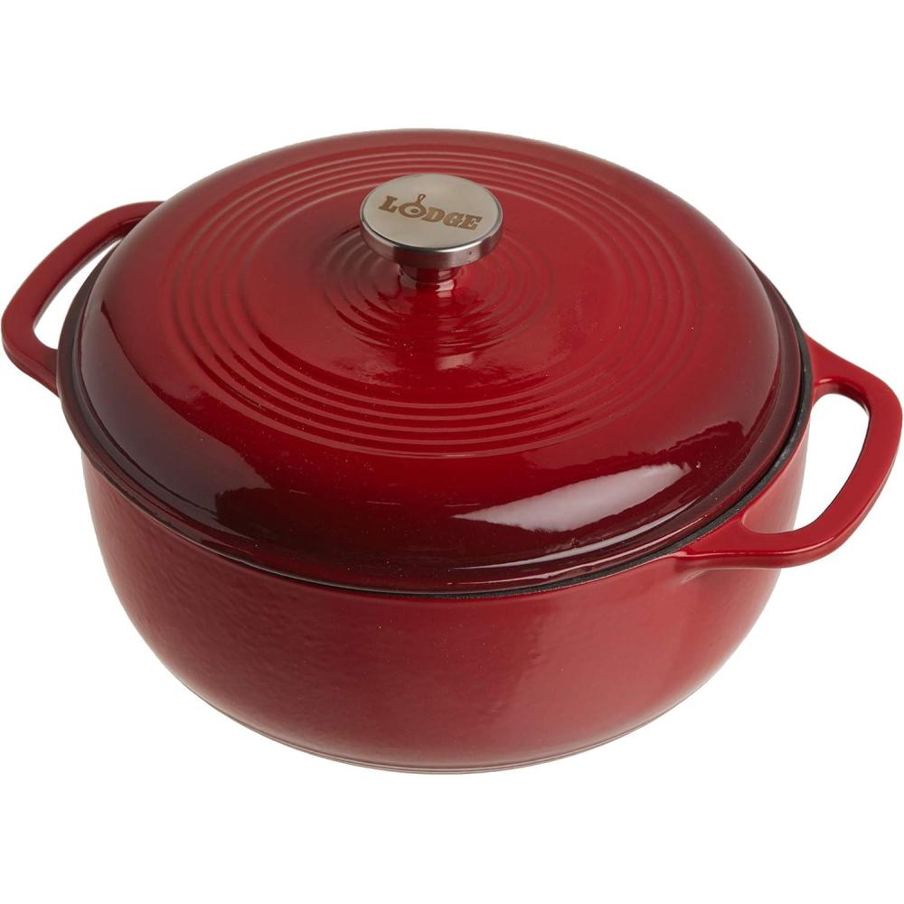 imageLodge 6 Quart Enameled Cast Iron Dutch Oven with Lid Dual Handles Oven Safe up to 500 F or on Stovetop Use to Marinate Cook Bake Refrigerate and Serve Desert SageIsland Spice Red