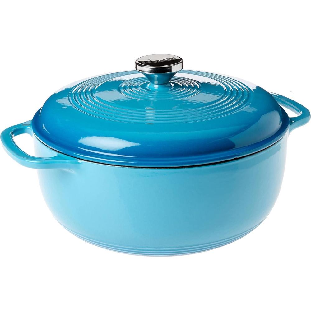 imageLodge 6 Quart Enameled Cast Iron Dutch Oven with Lid Dual Handles Oven Safe up to 500 F or on Stovetop Use to Marinate Cook Bake Refrigerate and Serve Desert SageCornflower Blue