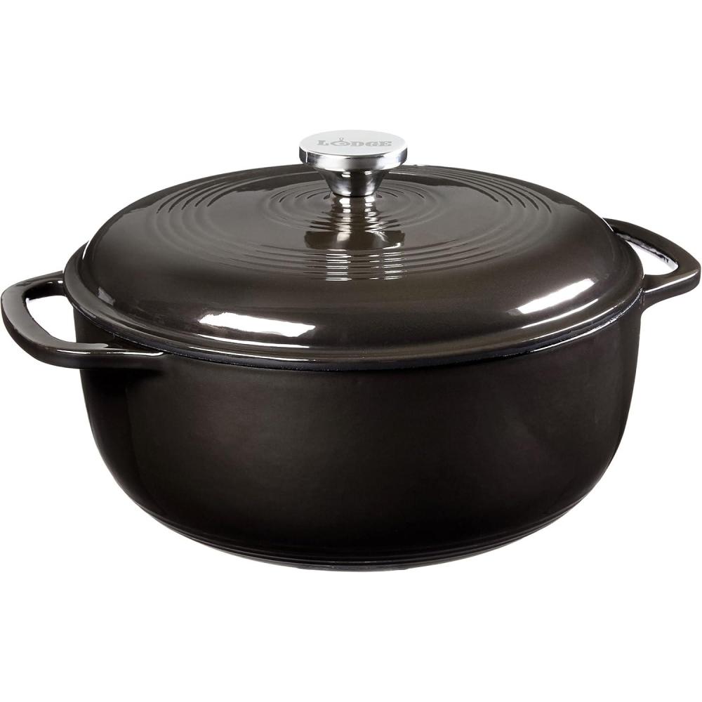imageLodge 6 Quart Enameled Cast Iron Dutch Oven with Lid Dual Handles Oven Safe up to 500 F or on Stovetop Use to Marinate Cook Bake Refrigerate and Serve Desert SageMidnight Chrome