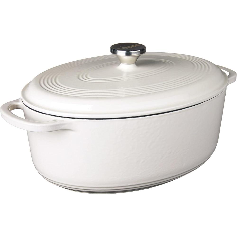 imageLodge 7 Quart Enameled Cast Iron Oval Dutch Oven with Lid Dual Handles Oven Safe up to 500 F or on Stovetop Use to Marinate Cook Bake Refrigerate and Serve Oyster WhiteOyster White