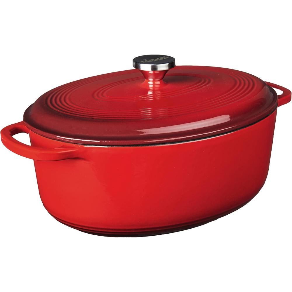 imageLodge 7 Quart Enameled Cast Iron Oval Dutch Oven with Lid Dual Handles Oven Safe up to 500 F or on Stovetop Use to Marinate Cook Bake Refrigerate and Serve Oyster WhiteRed