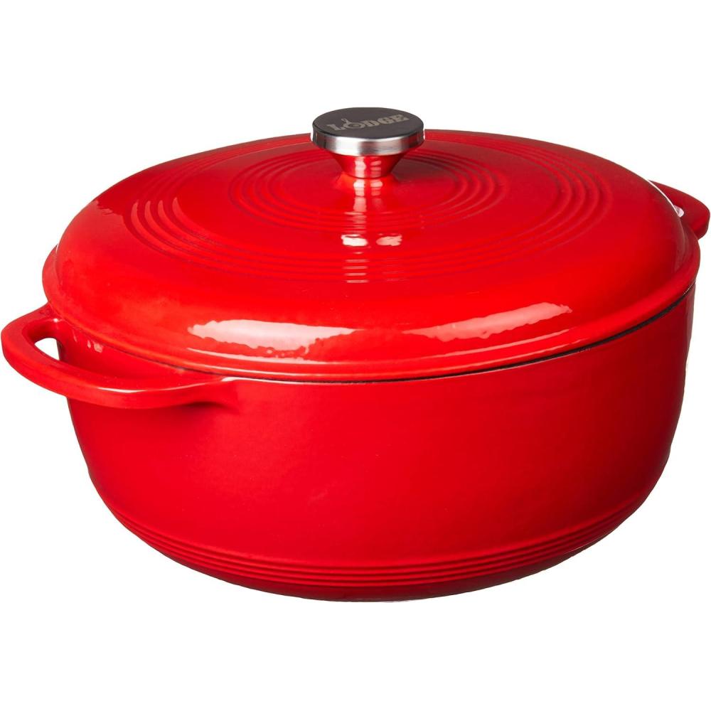 imageLodge 75 Quart Enameled Cast Iron Oval Dutch Oven with Lid  Dual Handles  Oven Safe up to 500 F or on Stovetop  Use to Marinate Cook Bake Refrigerate and Serve  LilacSolid Red